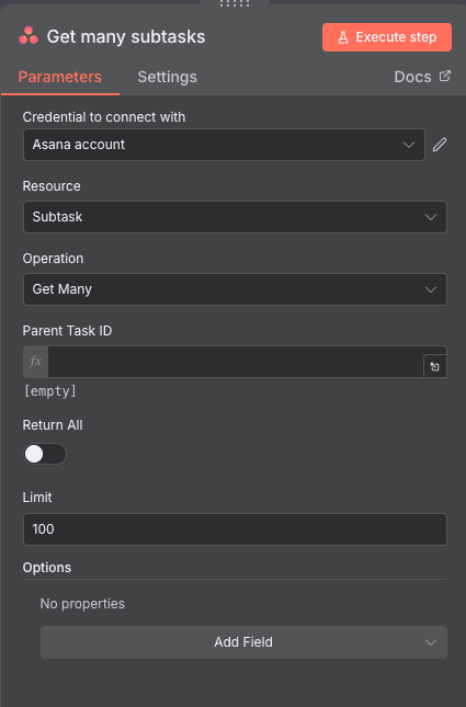 Configuration de l'action Get many subtasks Asana dans n8n