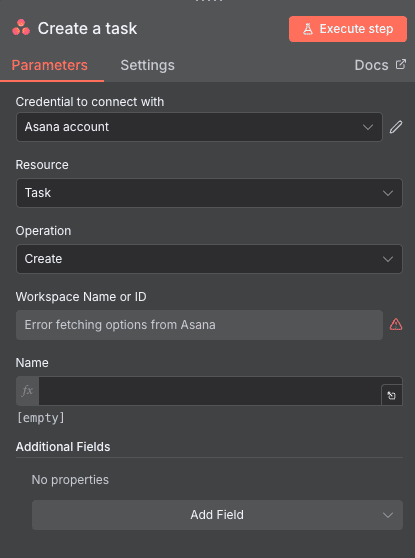 Create a task action configuration for Asana in n8n