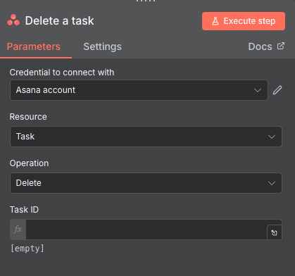 Configuración de la acción Delete a task de Asana en n8n