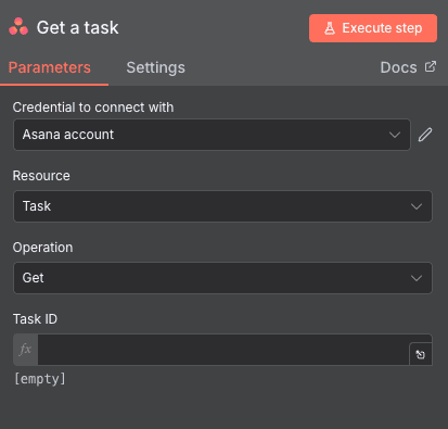 Configuración de la acción Get a task de Asana en n8n