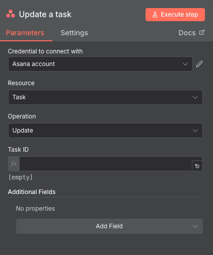 Configuration de l'action Update a task Asana dans n8n