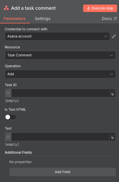Add a task comment action configuration for Asana in n8n