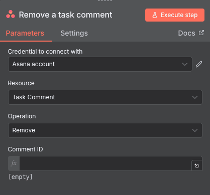 Remove a task comment action configuration for Asana in n8n