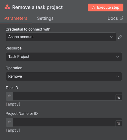 Remove a task project action configuration for Asana in n8n