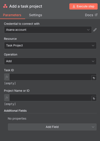 Add a task project action configuration for Asana in n8n