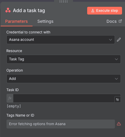 Configuration de l'action Add a task tag Asana dans n8n