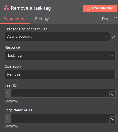 Configuration de l'action Remove a task tag Asana dans n8n