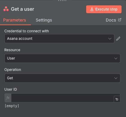Configuración de la acción Get a user de Asana en n8n