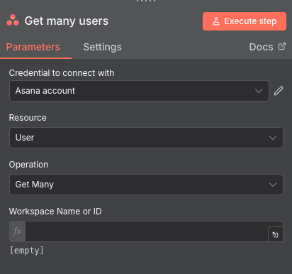 Configuración de la acción Get many users de Asana en n8n