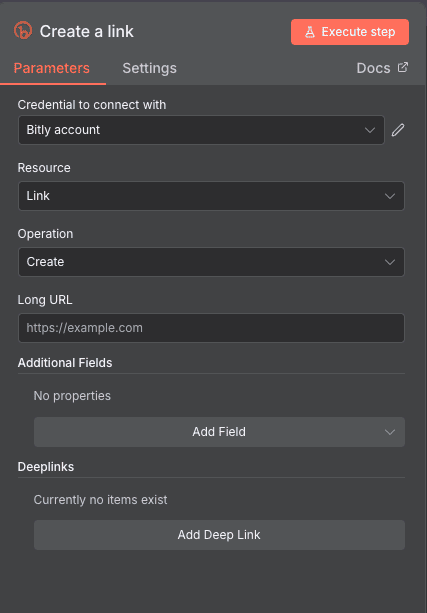 Configuration de l'action Create a link Bitly dans n8n