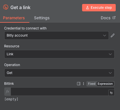 Configuración de la acción Get a link de Bitly en n8n