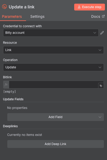 Configuration de l'action Update a link Bitly dans n8n