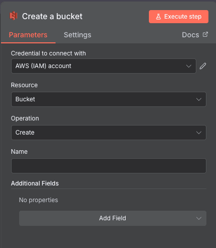 Create a bucket action configuration for AWS S3 in n8n
