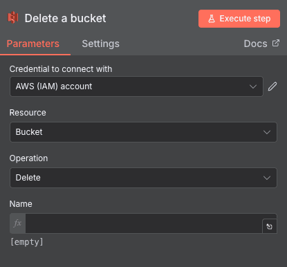 Configuration de l'action Delete a bucket AWS S3 dans n8n