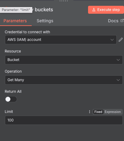 Configuration de l'action Get Many Buckets AWS S3 dans n8n