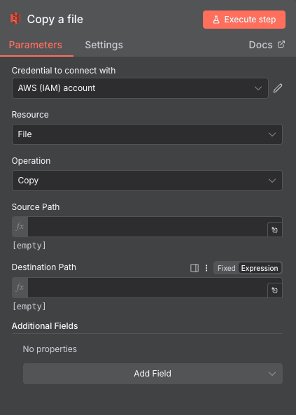 Configuration de l'action Copy a file AWS S3 dans n8n