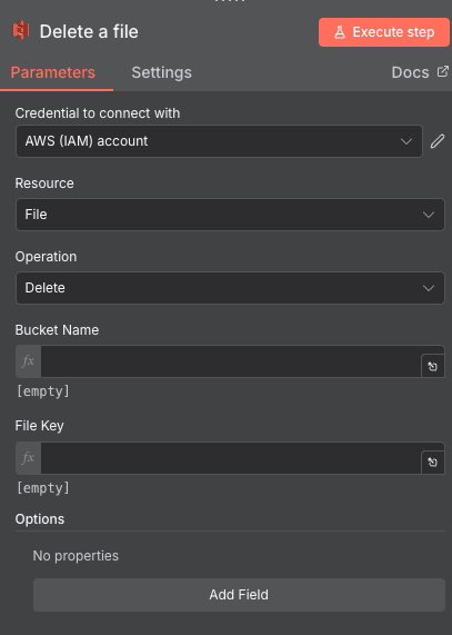 Configuration de l'action Delete a file AWS S3 dans n8n