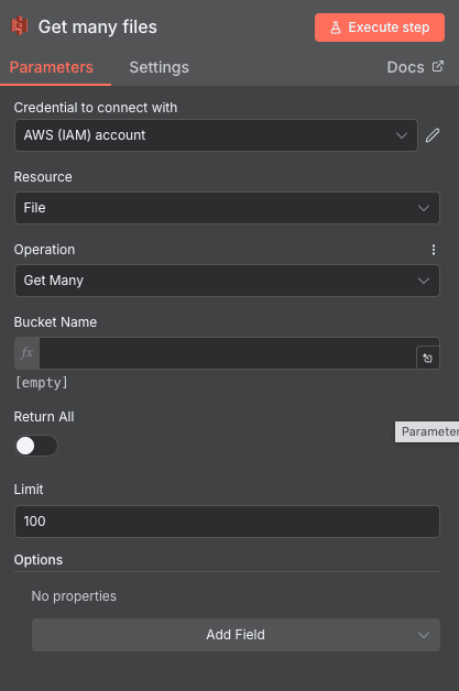 Get many files action configuration for AWS S3 in n8n