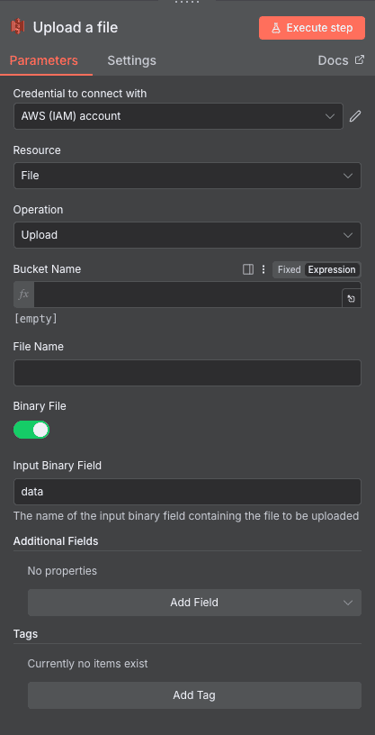 Configuration de l'action Upload a file AWS S3 dans n8n