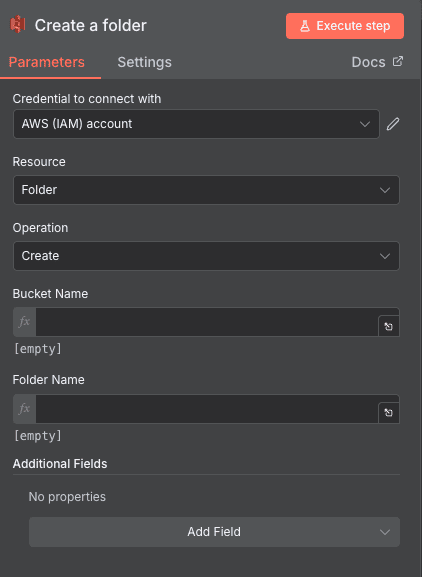 Configuration de l'action Create a folder AWS S3 dans n8n