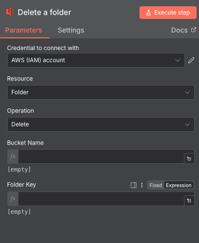 Configuración de la acción Delete a folder de AWS S3 en n8n