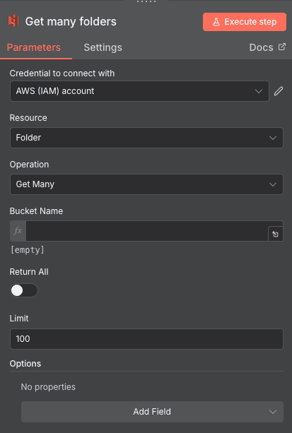 Configuración de la acción Get many folders de AWS S3 en n8n
