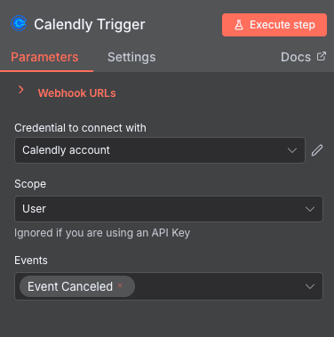 Configuración del trigger Evento Cancelado (Scope Usuario) de Calendly en n8n