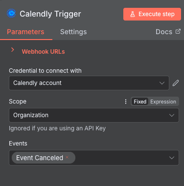 Configuration du trigger Event Canceled (Organization) Calendly dans n8n