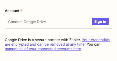 Google Drive credentials configuration in Zapier