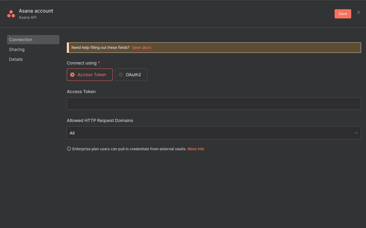 Asana credentials configuration in n8n