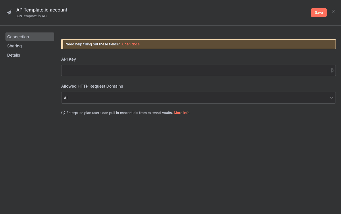 Configuration des credentials APITemplate.io dans n8n