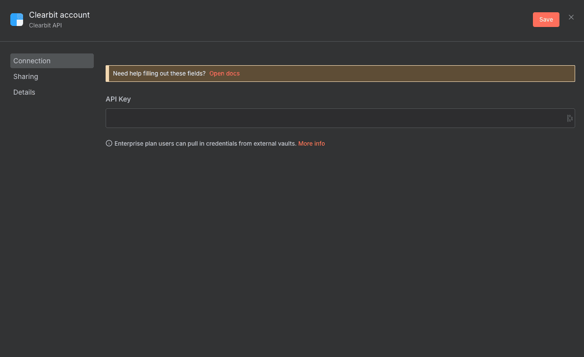 Clearbit credentials configuration in n8n