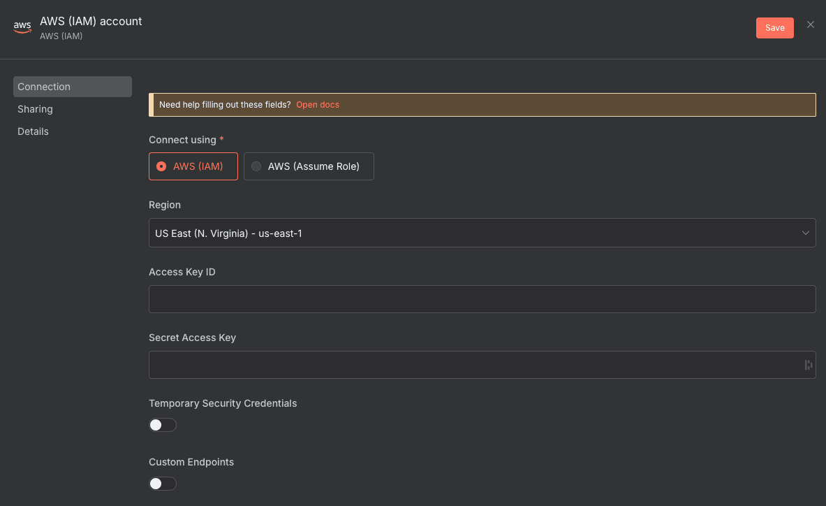 Configuration des credentials AWS S3 dans n8n