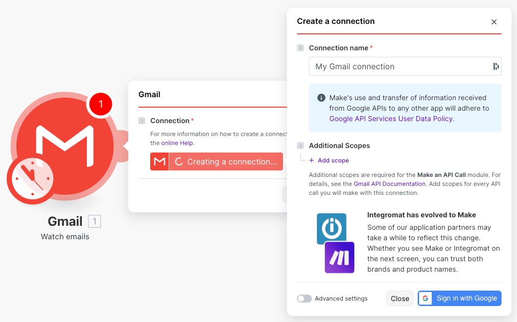 Configuration credentials Gmail dans Make