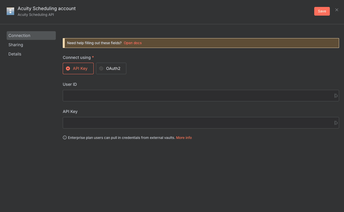 Acuity Scheduling credentials configuration in n8n