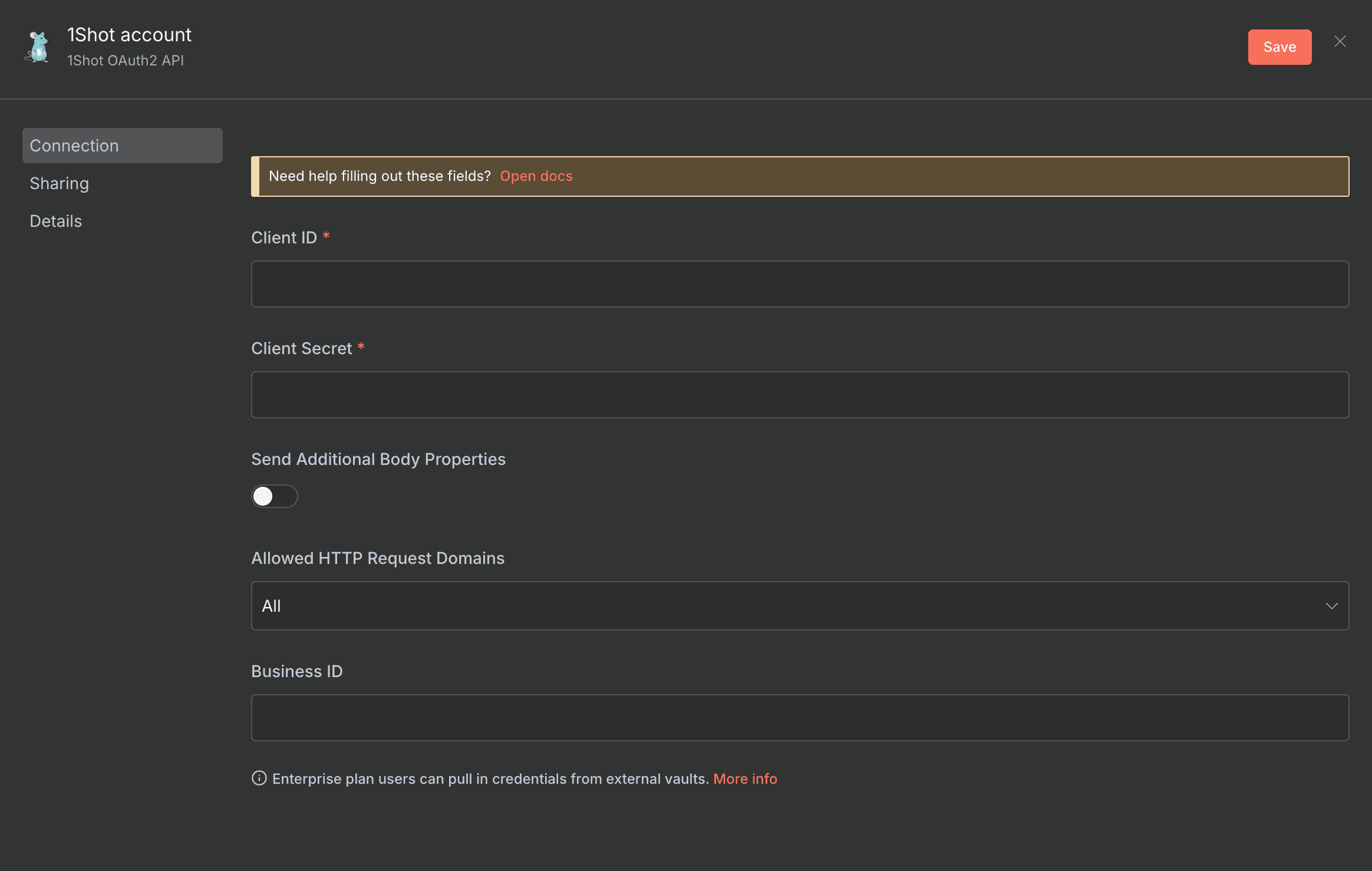 Configuration des credentials 1Shot API dans n8n