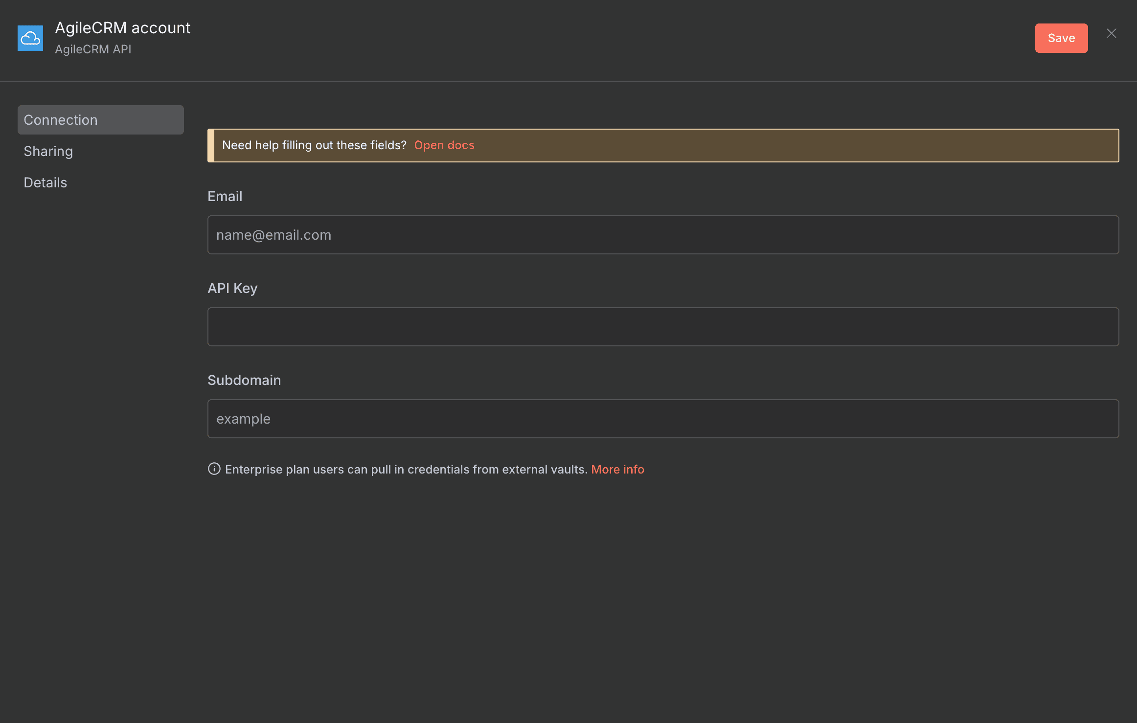 Configuration des credentials Agile CRM dans n8n