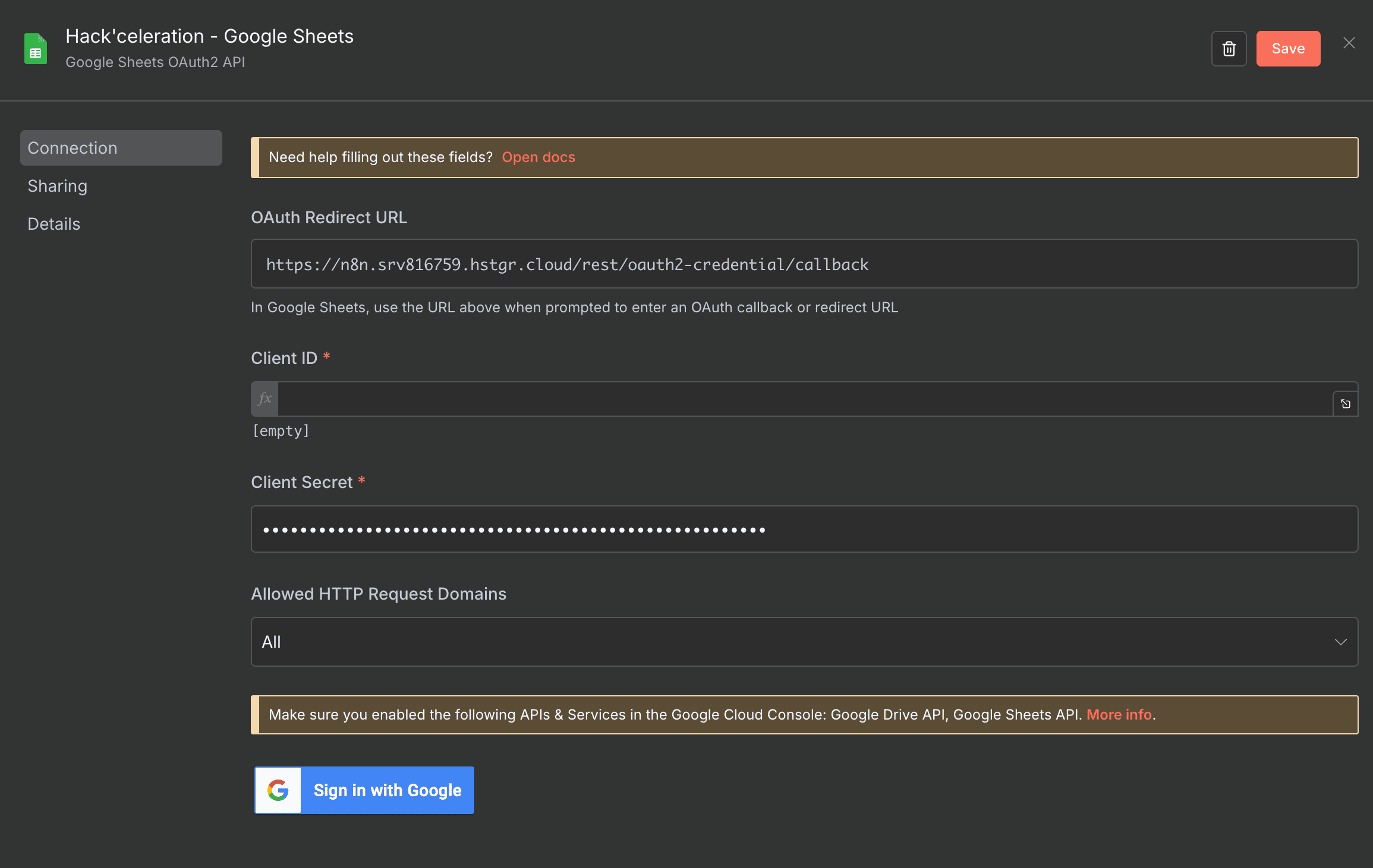 Configuration des credentials Google Sheets dans n8n