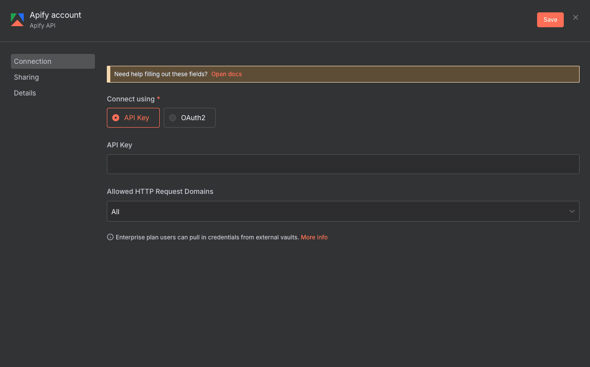 Configuration des credentials Apify dans n8n