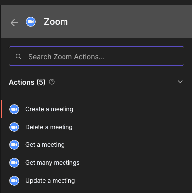 List of Zoom actions and triggers available in n8n