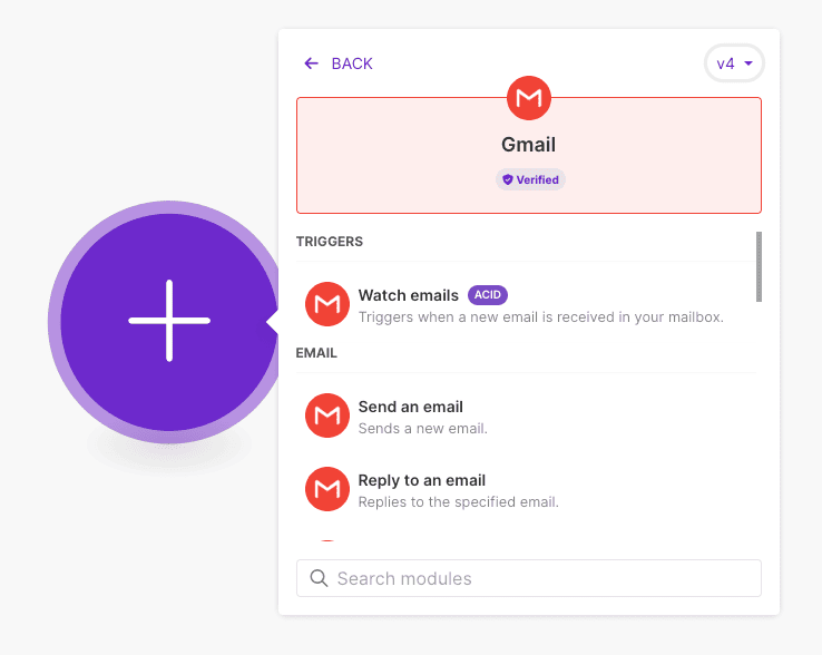 Liste des actions et triggers Gmail disponibles dans Make