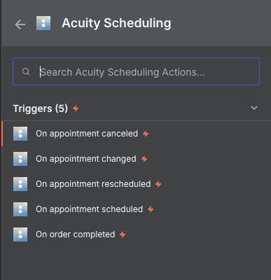Liste des actions et triggers Acuity Scheduling disponibles dans n8n