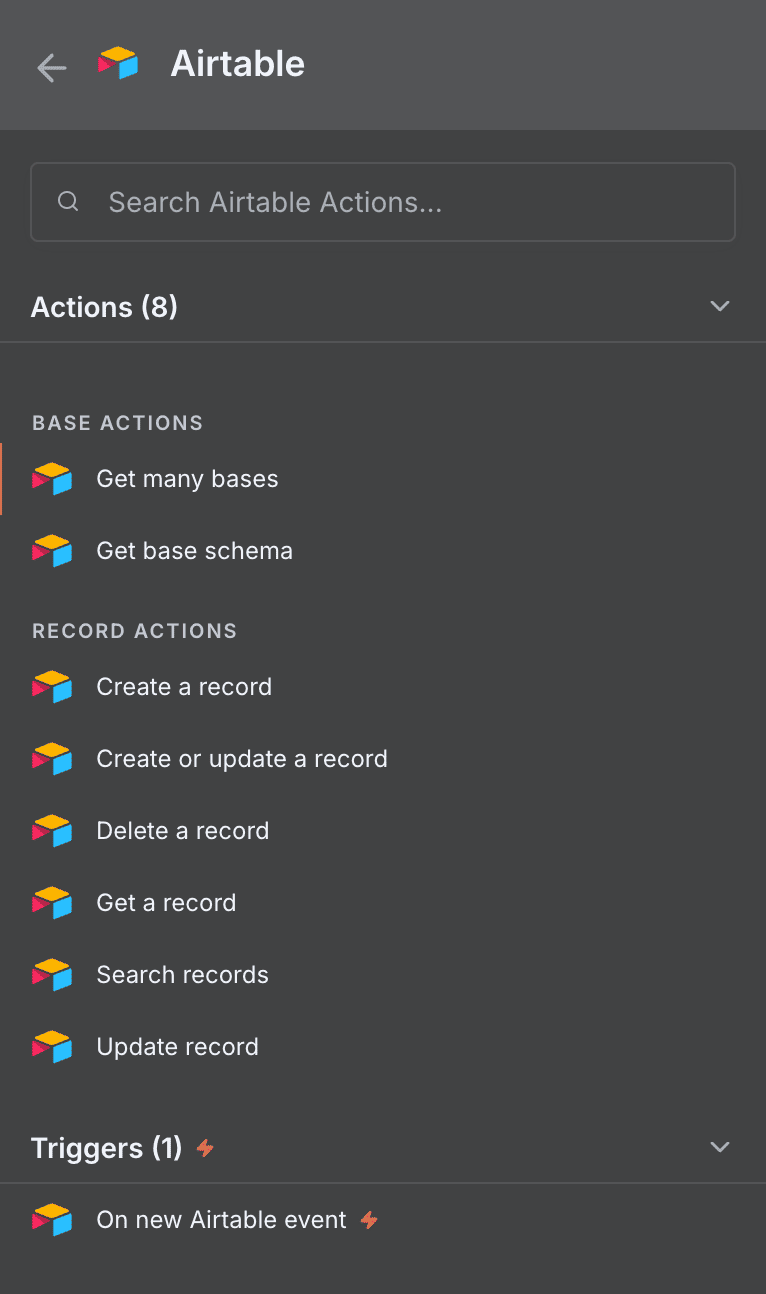 List of Airtable actions and triggers available in n8n