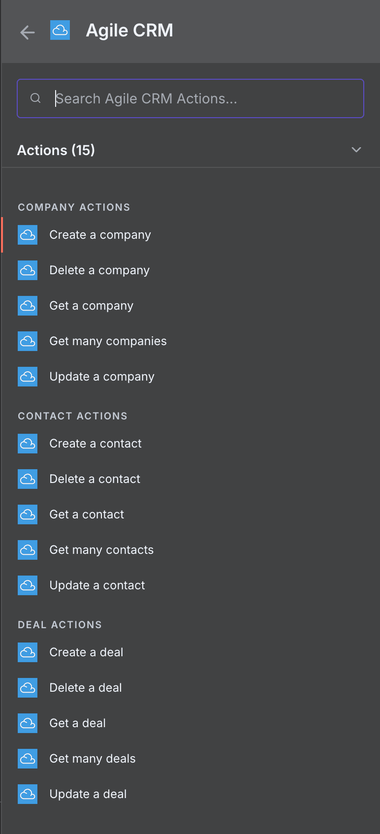 Lista de acciones y triggers Agile CRM disponibles en n8n