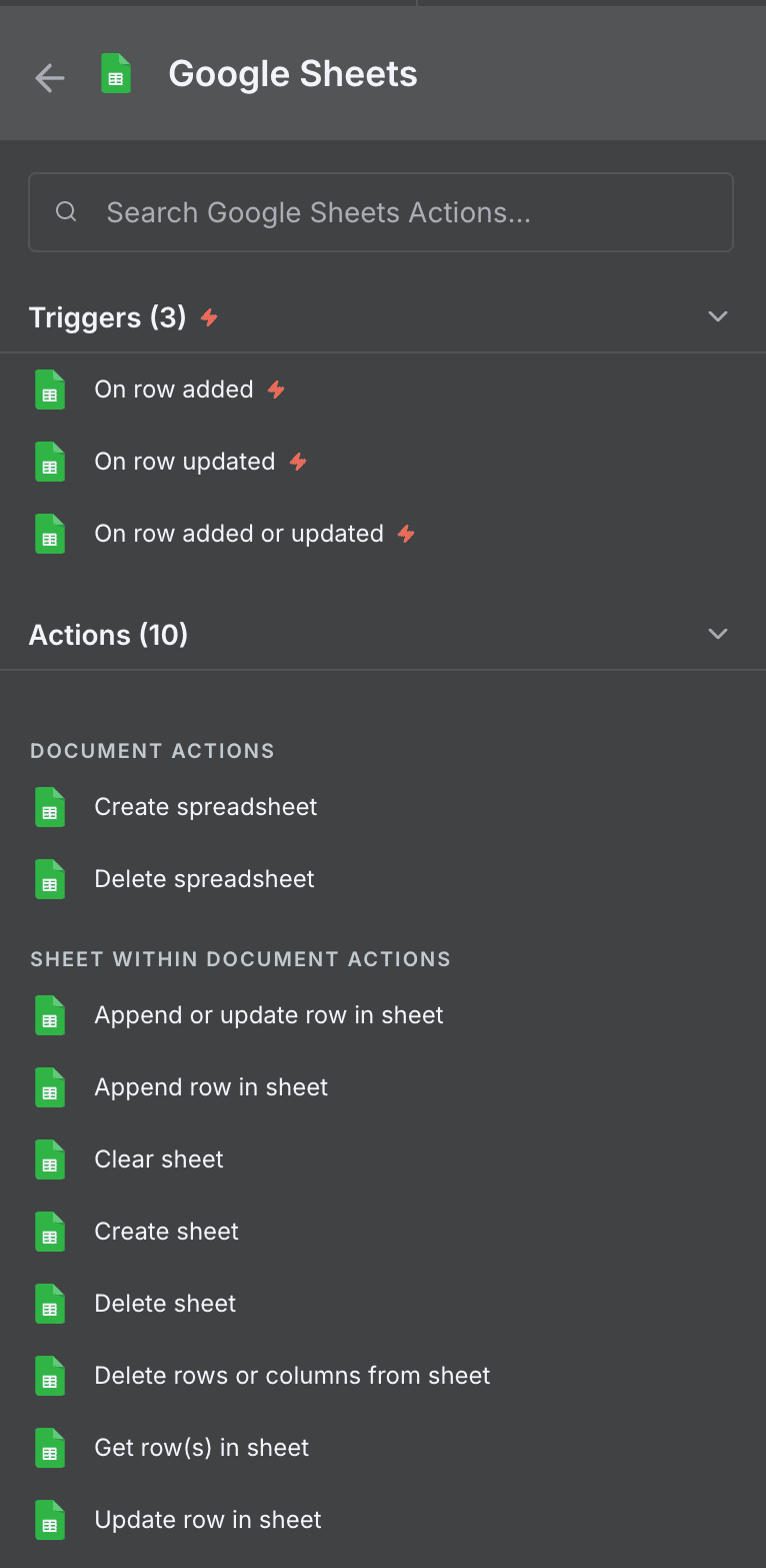 Liste des actions et triggers Google Sheets disponibles dans n8n