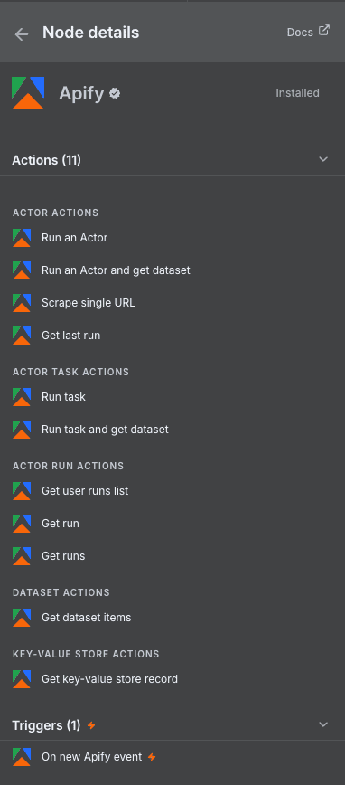 Lista de acciones y triggers Apify disponibles en n8n