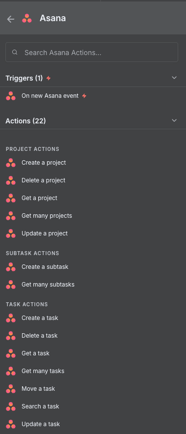 Lista de acciones y triggers Asana disponibles en n8n