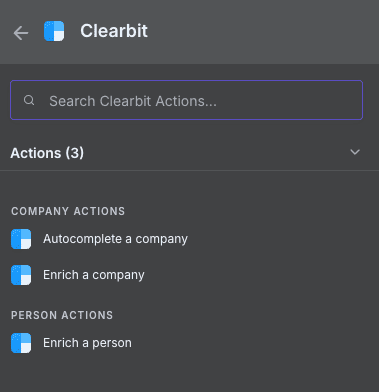 Liste des actions Clearbit disponibles dans n8n