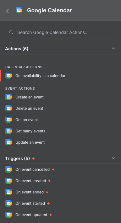 Lista de acciones y triggers Google Calendar disponibles en n8n