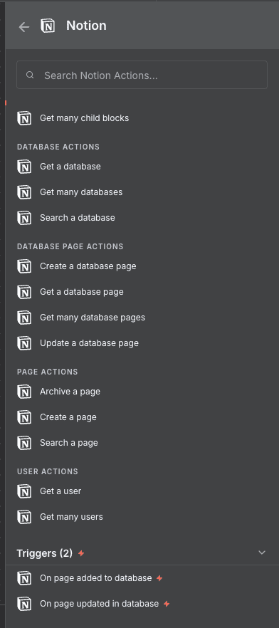 Liste des actions et triggers Notion disponibles dans n8n